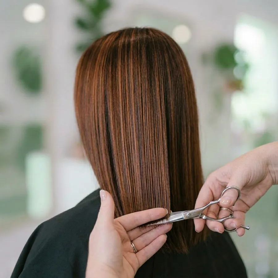 Glänzendes, coloriertes Haar mit Strähnen in herbstlichen Tönen